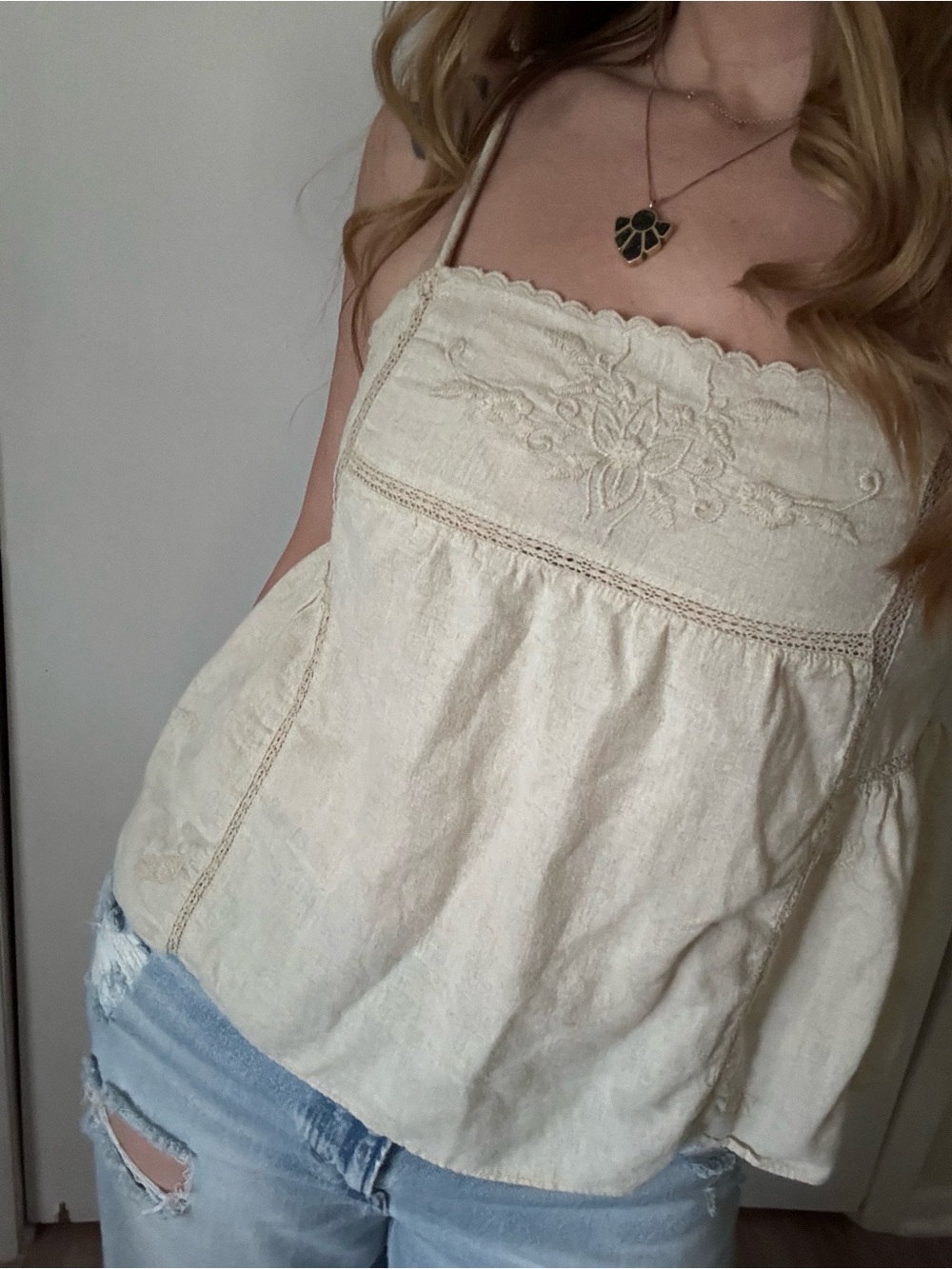 Zara cream embroidered bodice camisole large babydoll flowy a-line cami tank top